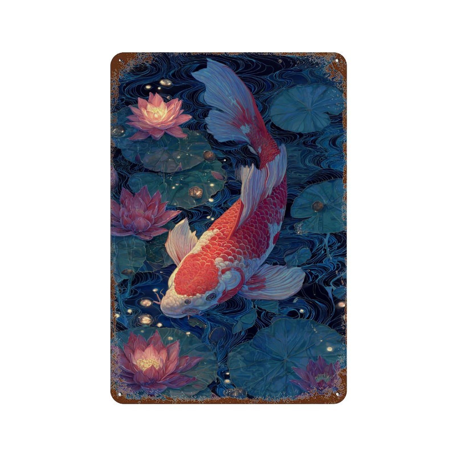 Koi Fish Pond with Lotus Flowers Retro Metal Sign 11.8"x7.9", Ideal for Basement, Hobby Room And Garage Decor