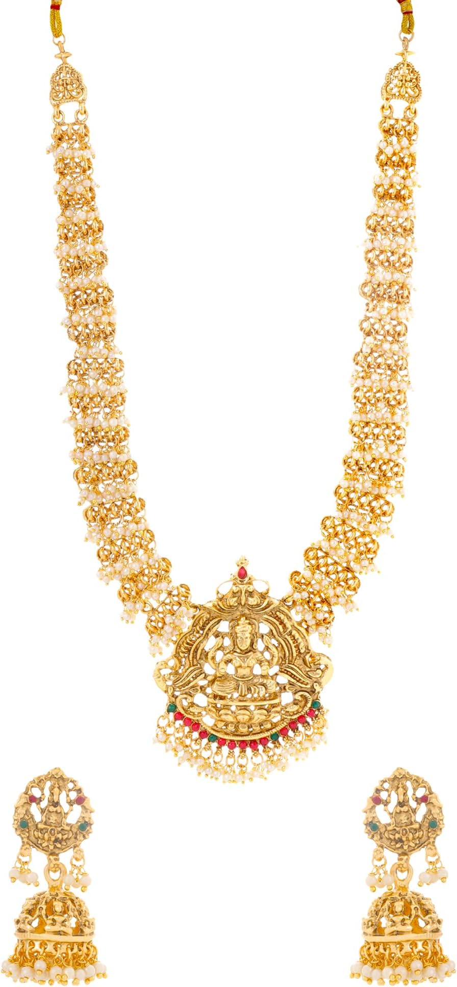 Yellow Chimes Jewellery Set for Women Gold Plated Traditional Temple Jewelry Set Antique Necklace Set with Earrings and Maangtikka for Women and Girls