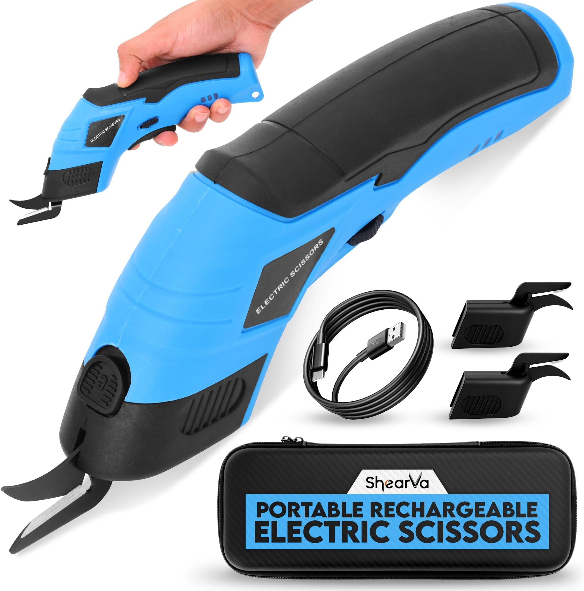 Cordless Electric Scissors Cardboard Cutter with Safety Lock & 2 Extra Blades, Heavy-Duty Cardboard & Box Cutting Tool, Rechargeable Electric Scissor for Fabric, Plastic, Carpet, Leather