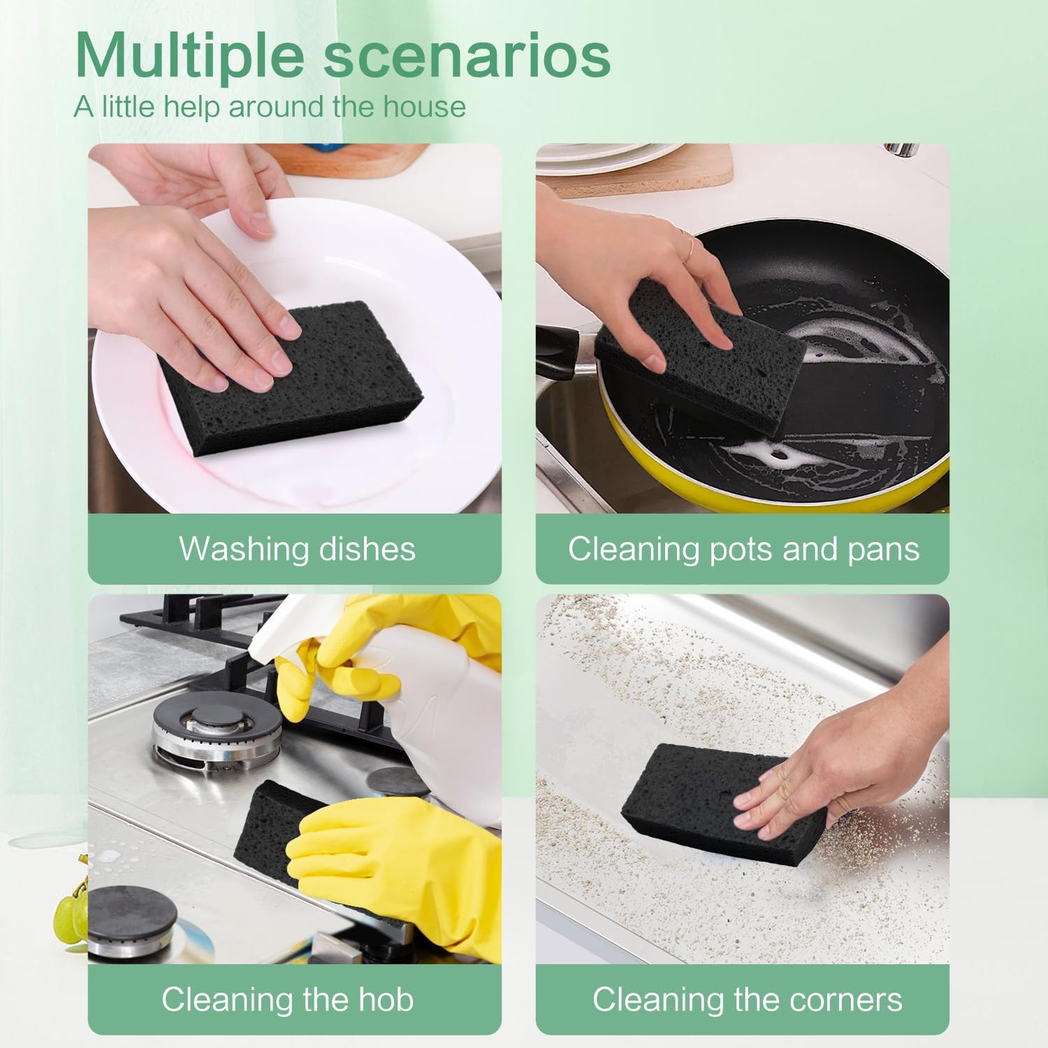 Large Cellulose Sponges, Kitchen Sponge for Dish, Thick Heavy Duty Scrub Pads, Non-Scratch Scrubber for Household/Cookware/Bathroom/Office/Boat 5.5" x 3" x 1" (7 Pack) Black image 2
