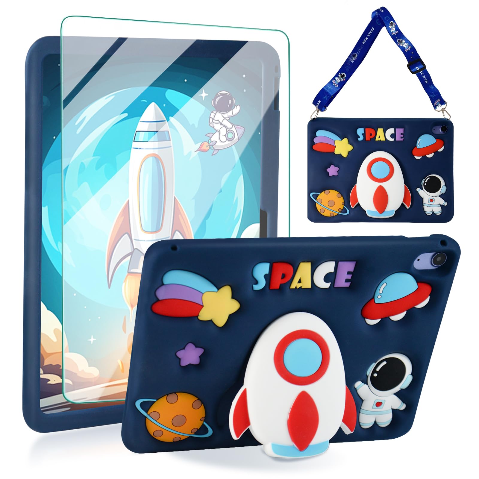 ACEMO for iPad 10th Generation Case 10.9 inch 2022 with Screen Protector, Kickstand, Shoulder Strap Cute Rocket Silicone Protective Cover for Kids