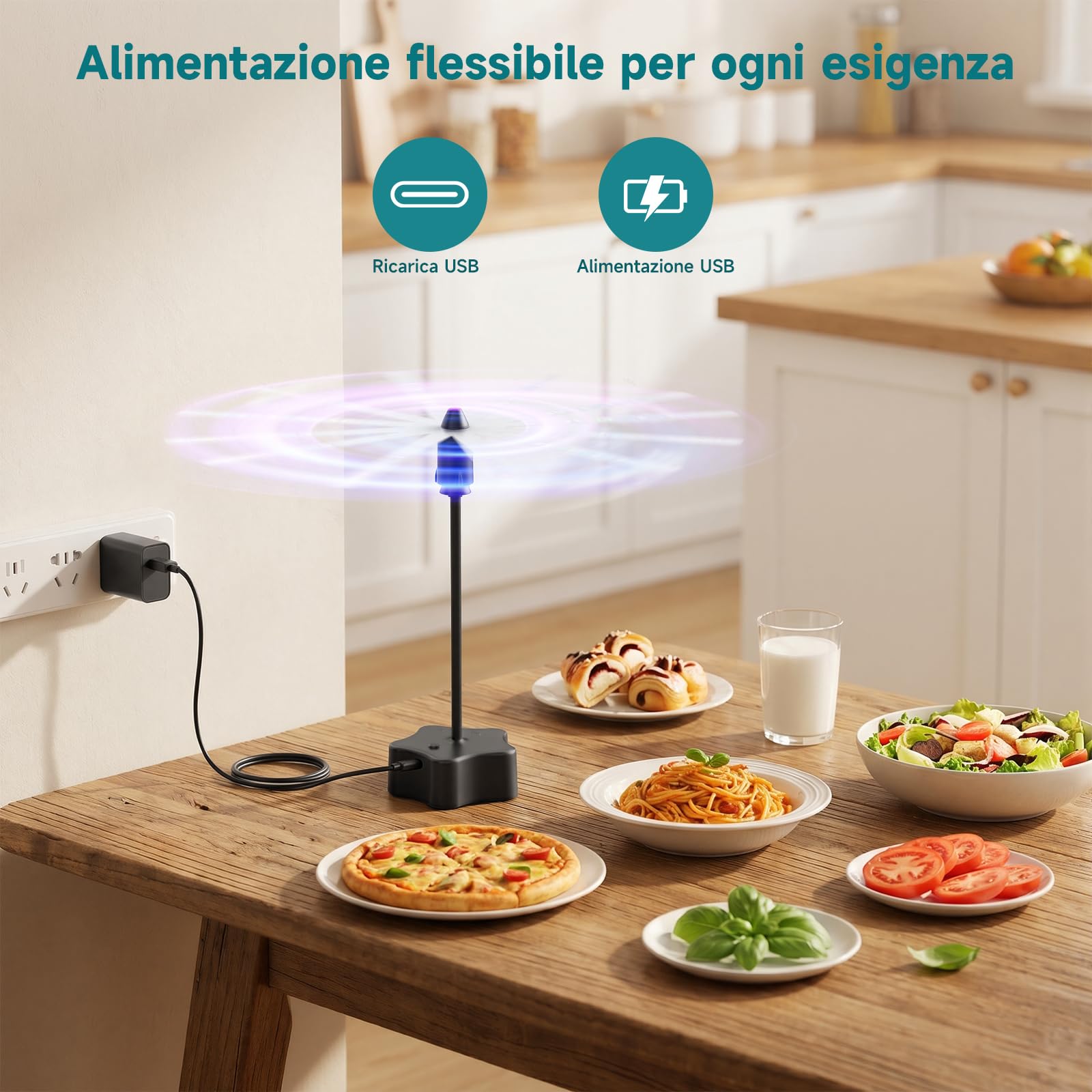 4 Pezzi Ventilatore da Tavolo Antimosche, Ricaricabile e a Batteria con Cavo USB, Repellente per Mosche per Terrazza, Ristorante, Giardino, Picnic – Protezione Efficace contro Mosche e Zanzare