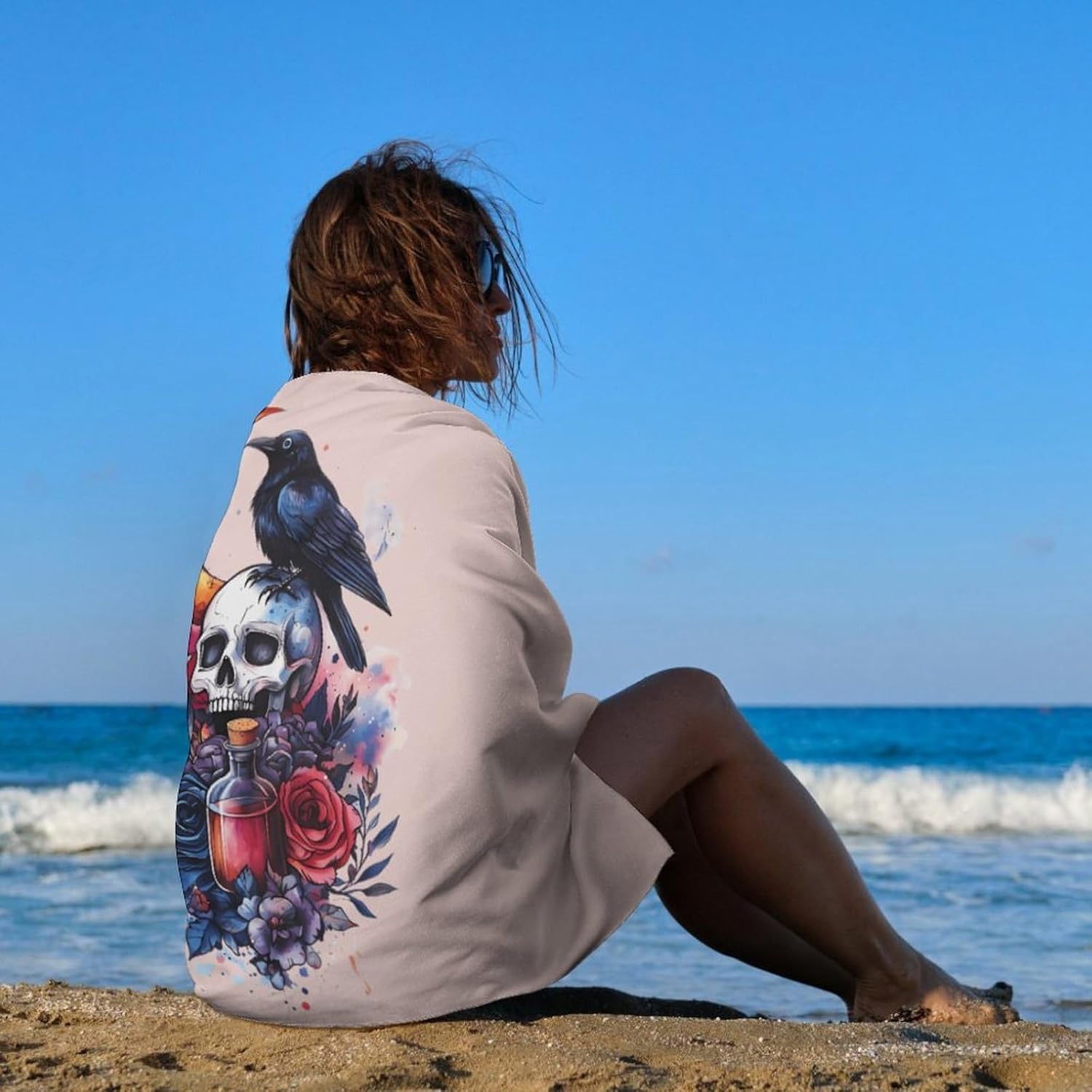 Raven Moon Rose Skull Oversized Beach Towel Soft Absorbent Pool Bath Swim Towels for Adults Travel Vacation Gifts 130x80cm