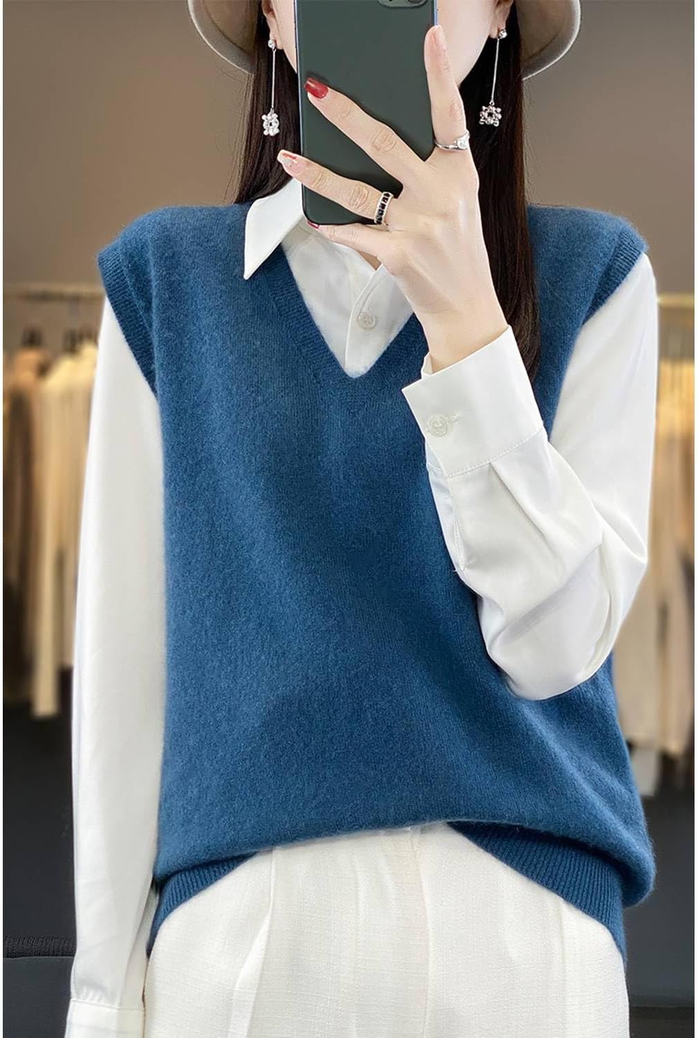 Women's V-Neck Knit Sweater Vest 100% Merino Wool Lightweight Sleeveless Pullover Basic Vest Short Tops - Image 3