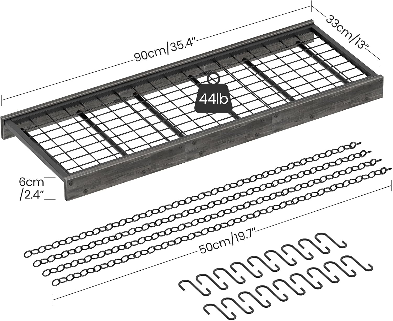 Diagram showing the pot rack frame, mesh shelf, four chains, and eighteen S-hooks with dimensions.