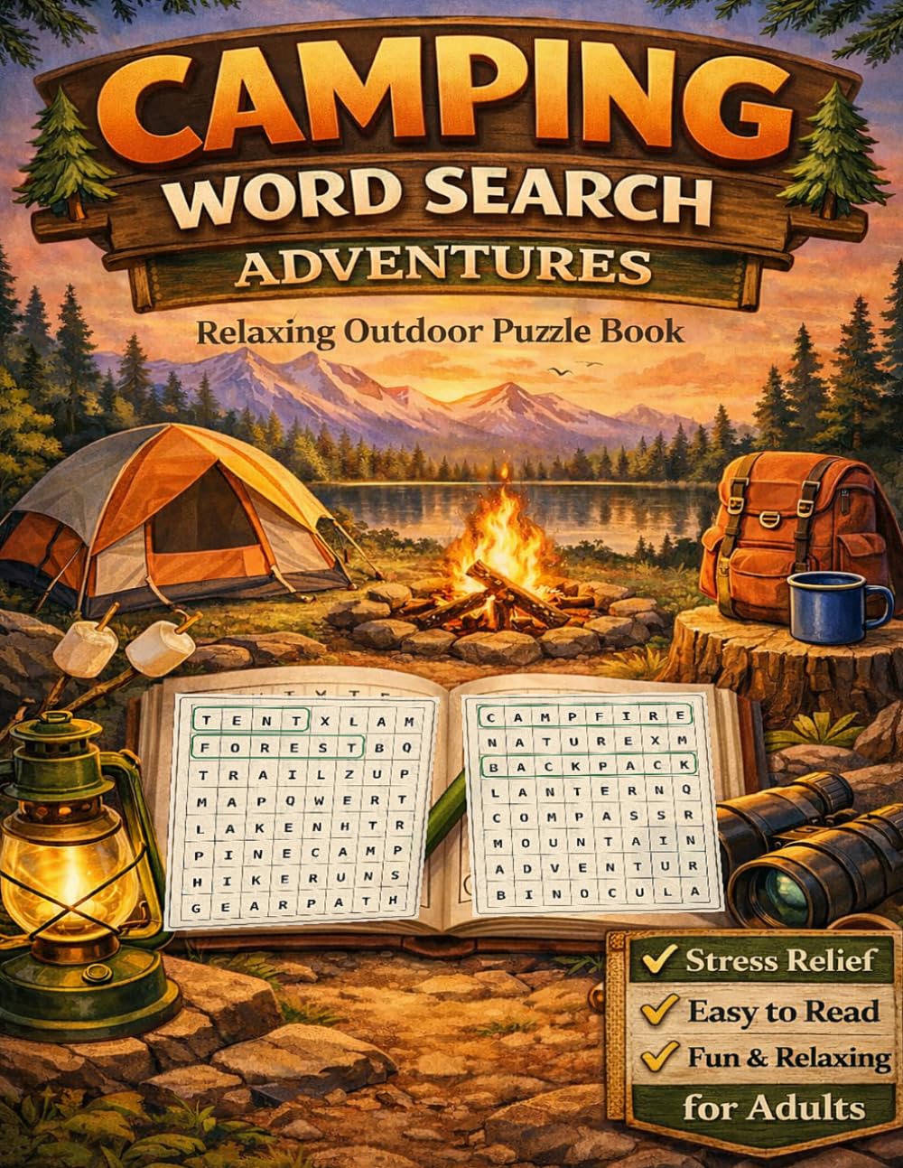 Camping Word Search Adventures: Relaxing Outdoor Word Search Puzzle Book for Adults – Camping, Hiking, Nature & Campfire Fun