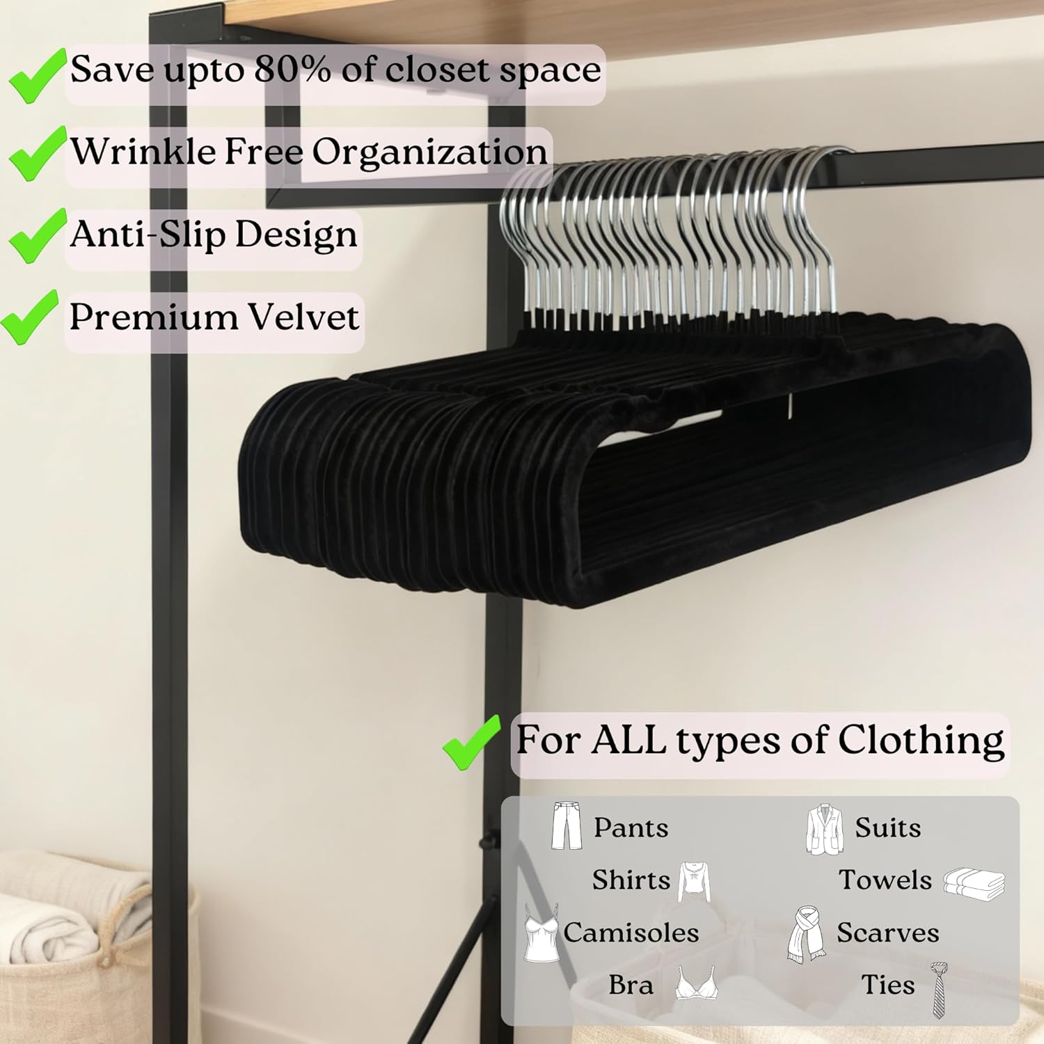 50 Velvet Pants Hangers with 20 Velvet Hooks – Non-Slip Flocked Slim Space Saving Clothes Hangers with 360° Swivel Silver Hook, Heavy Duty for Jeans, Pants, Tank Tops & Closet Organization