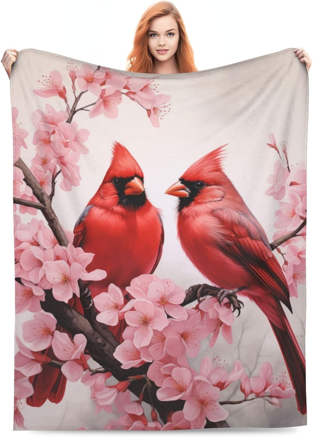 Red Cardinal Flower Branch Blanket Gifts for Women Pink Floral Birds Flannel Throw Blankets Soft Comfy Lightweight for Home Decor Couch Bed Sofa 60x50 Inches