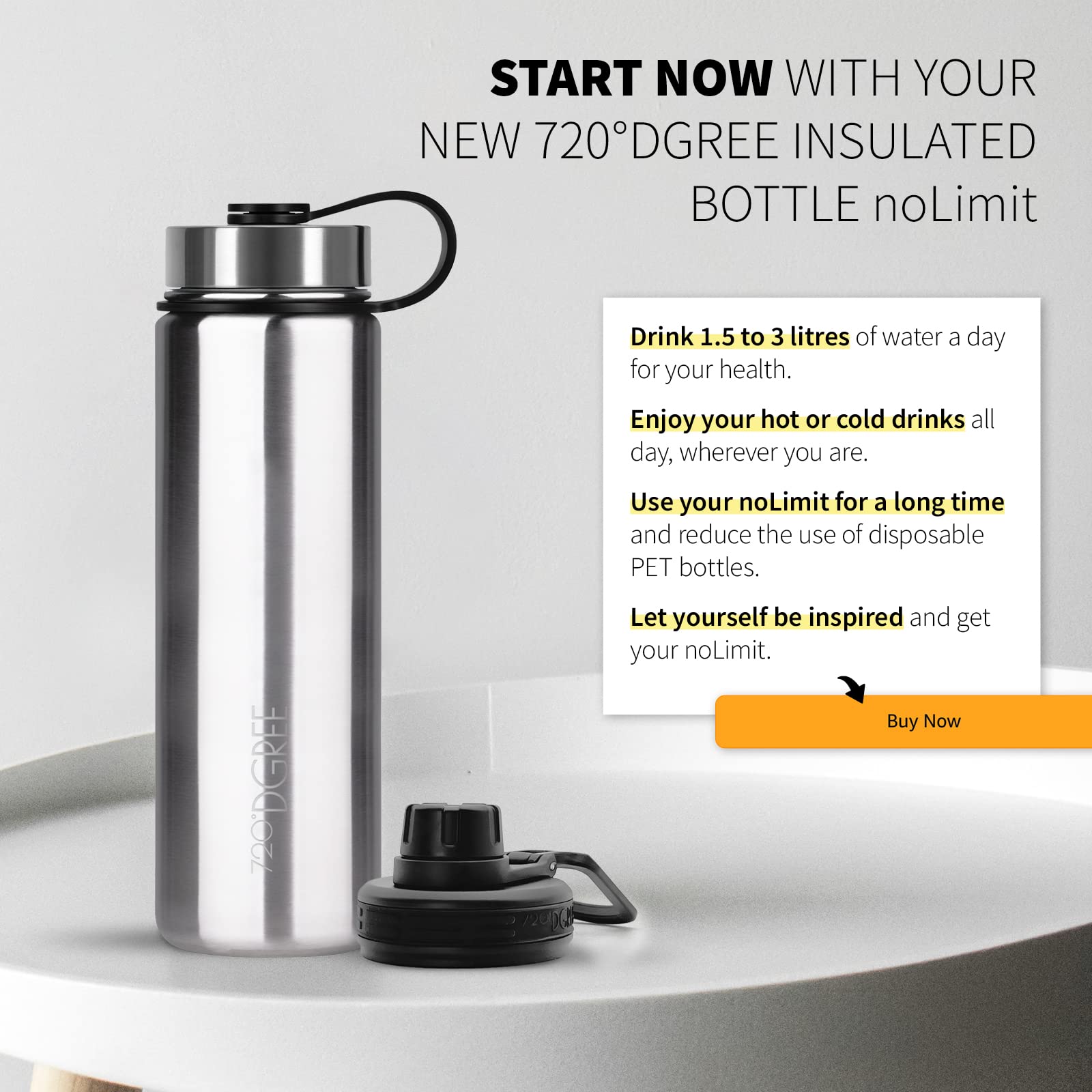 720°DGREE Borraccia termica 500 ml "noLimit" - Bottiglia acqua termiche in acciaio inox - Senza BPA - Borracce perfetto per bevande (530ml) calde, fredde, Bambini, Bambina, Scuola +2 Coperchi