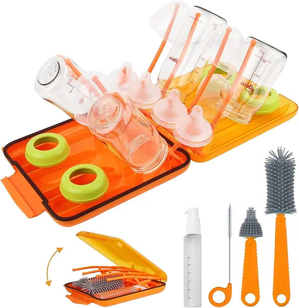 Rrwin Bottle Brush Cleaner Kit with Baby Bottle Drying Rack, Exendable Silicone Bottle Brush, Nipple Brush, Straw Brush, Soap Dispenser & Storage Box. Compact Size for Babies and Moms,Orange