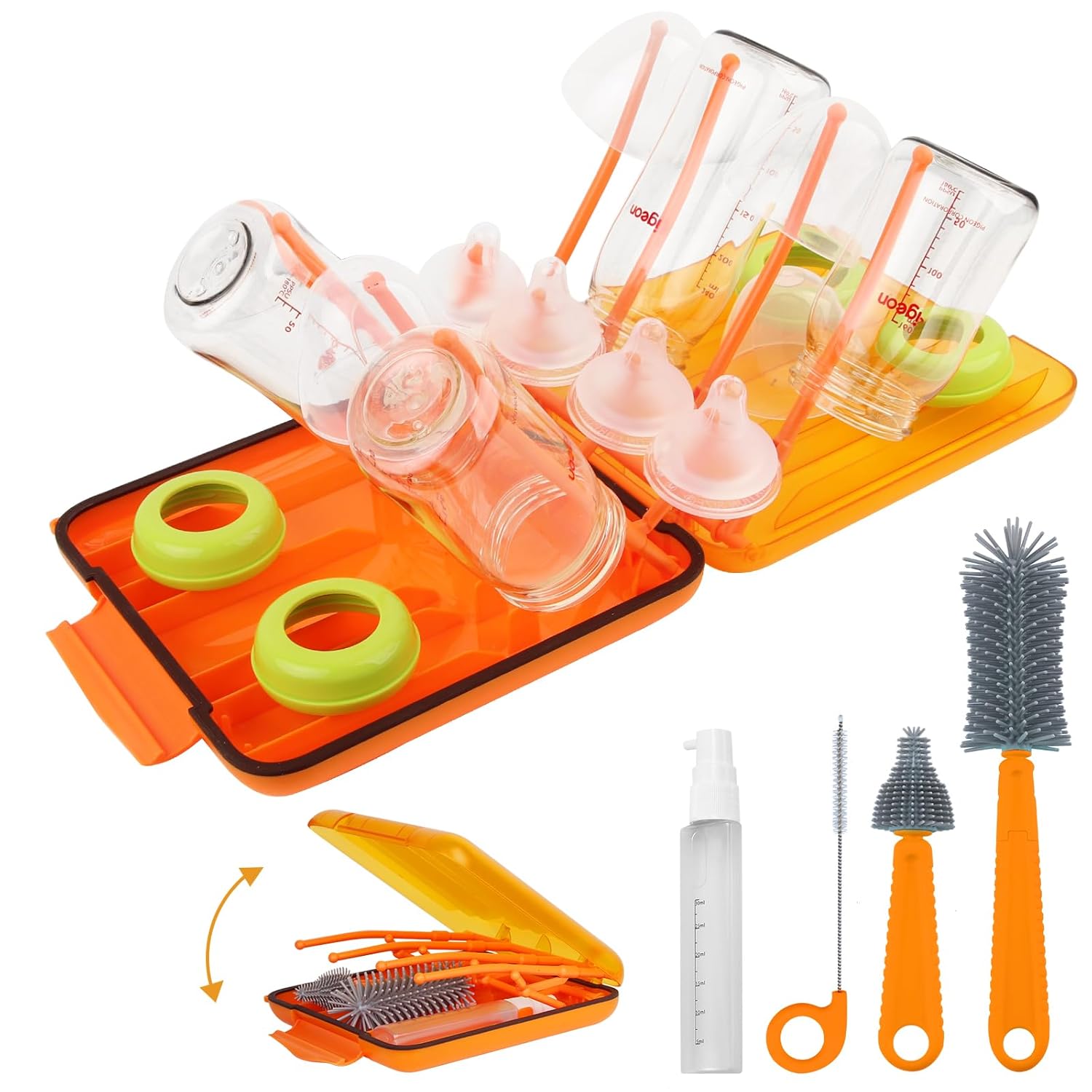 Rrwin Bottle Brush Cleaner Kit with Baby Bottle Drying Rack, Exendable Silicone Bottle Brush, Nipple Brush, Straw Brush, Soap Dispenser & Storage Box. Compact Size for Babies and Moms,Orange