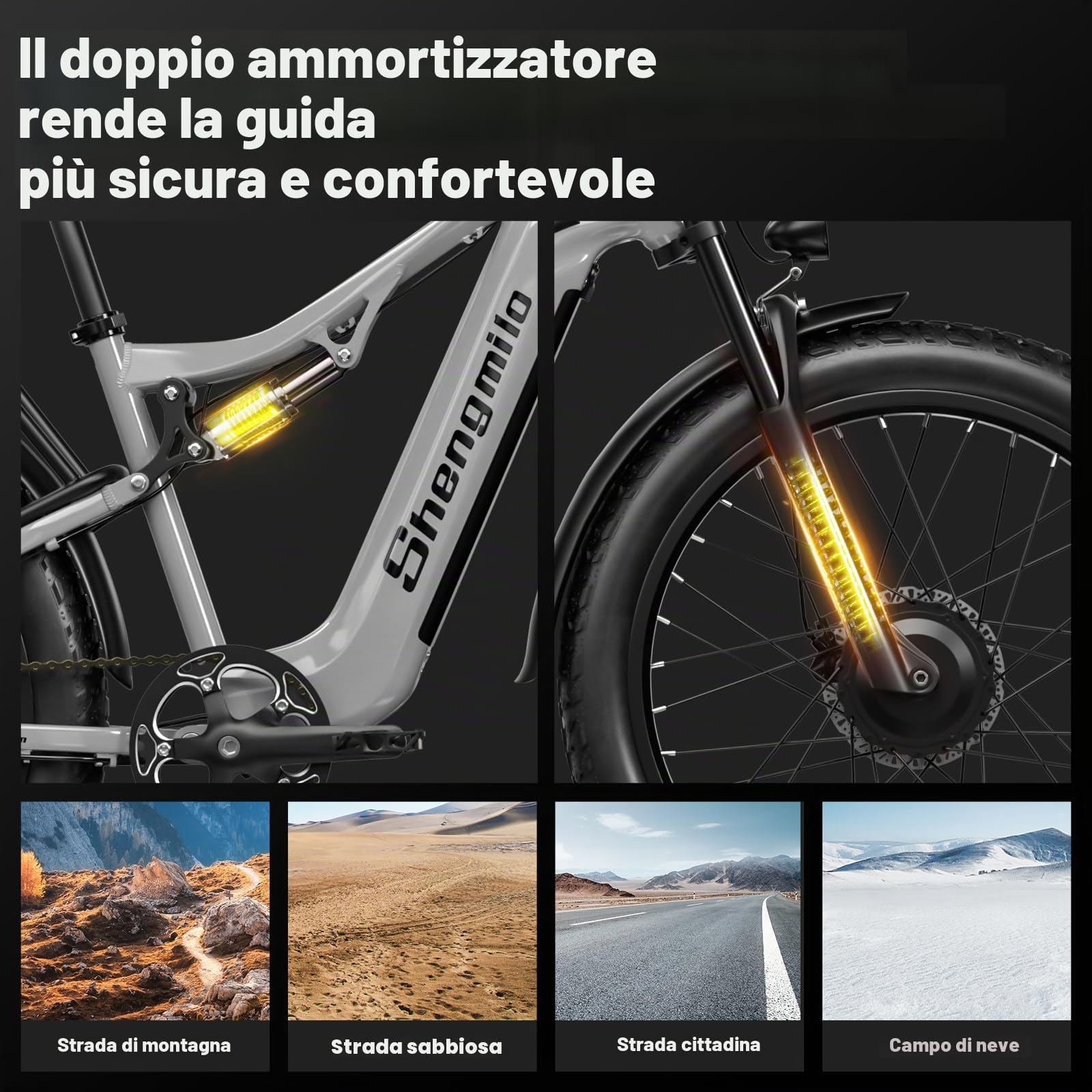 Shengmilo Bicicletta elettrica, e bike,Bici Elettrica Uomo,26 Inch E Mountain Bike full suspension,48V 17.5Ah Off roade Cambio 7 Velocità e Sospensione Completa