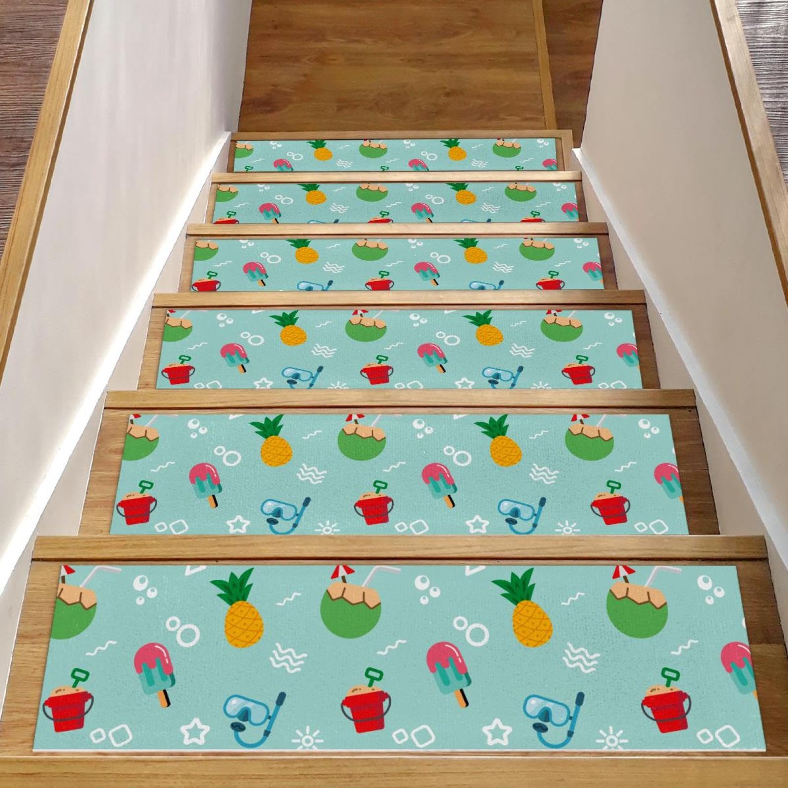 Alfombra para peldaños de madera estilo tropical para escaleras seguras de niños y mascotas