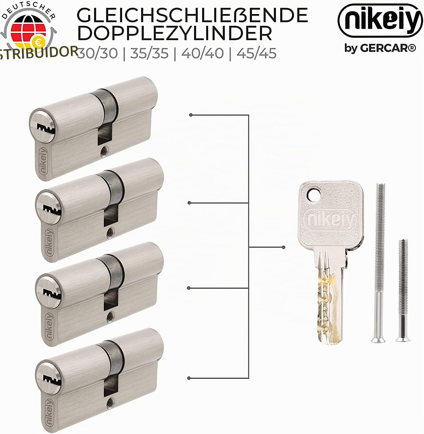 GERCAR Juego de 4 cilindros para perfil, cierre uniforme, 60 mm, cilindro doble 30/30, latón mate, incluye 10 llaves, longitud: 60 mm, A: 30 B: 30-4 x