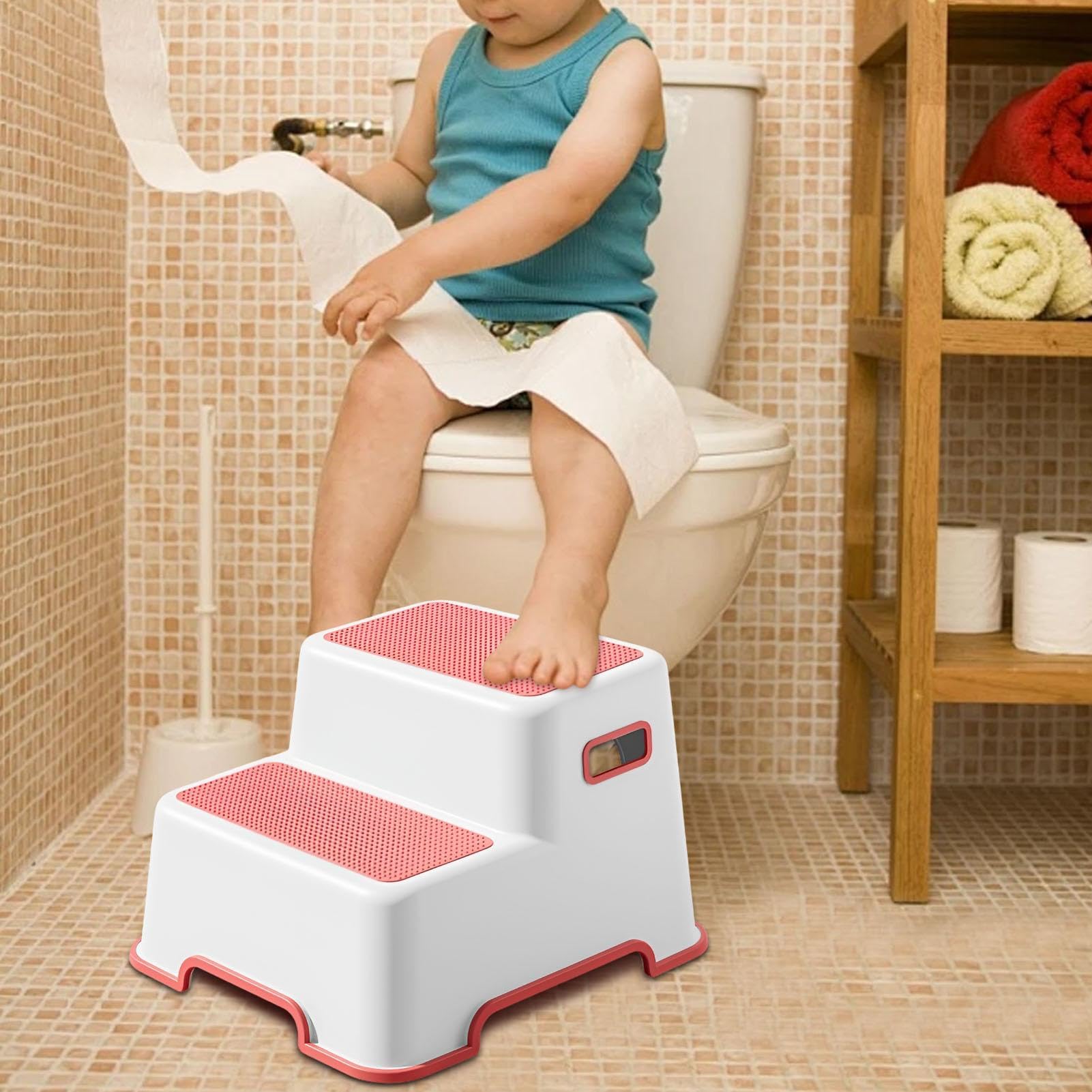 Escalón de inodoro antideslizante para niños pequeños, reposapiés de doble paso para entrenamiento de ollas, ayudante de baño para un fácil acceso al inodoro