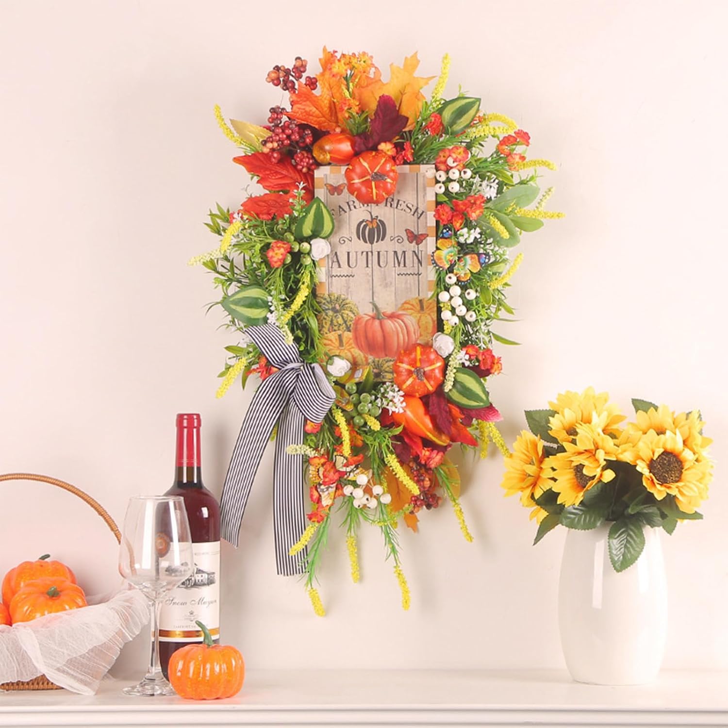 Door Hanger Thanksgiving Wooden Wreath Simulation Decoration Wreath Wall Hanging Door Hanging Decoration Autumn Wreath for Front Door