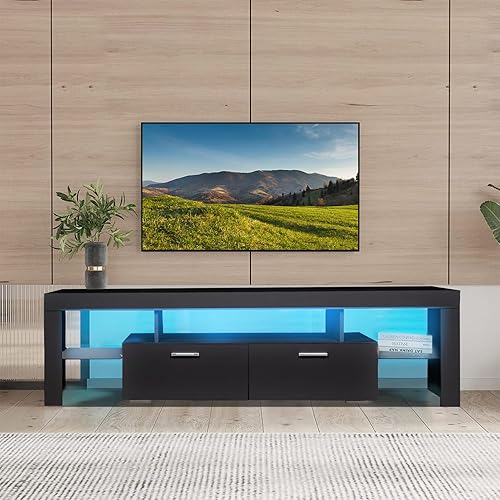 Miniatura 8 de Soporte de TV contemporáneo blanco y negro para televisores de hasta 80 pulgadas, mesa central de consola de TV de estilo único con 3 gabinetes de