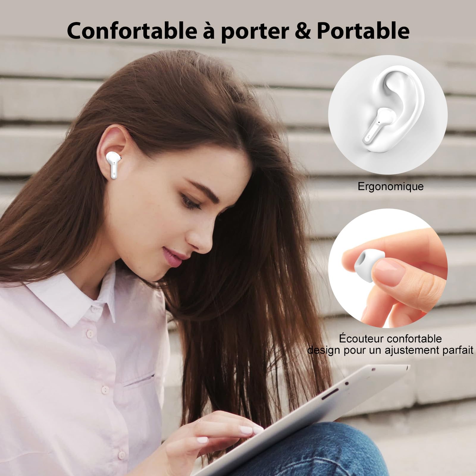 Ecouteurs Bluetooth sans Fil, Écouteurs Bluetooth 5.4 Oreillette Bluetooth Basses Immersives avec 4 ENC Mic, Casque Bluetooth sans Fil 46H avec Écran LED, Étanche IP7 Contrôle Tactile, Blanc (2026)