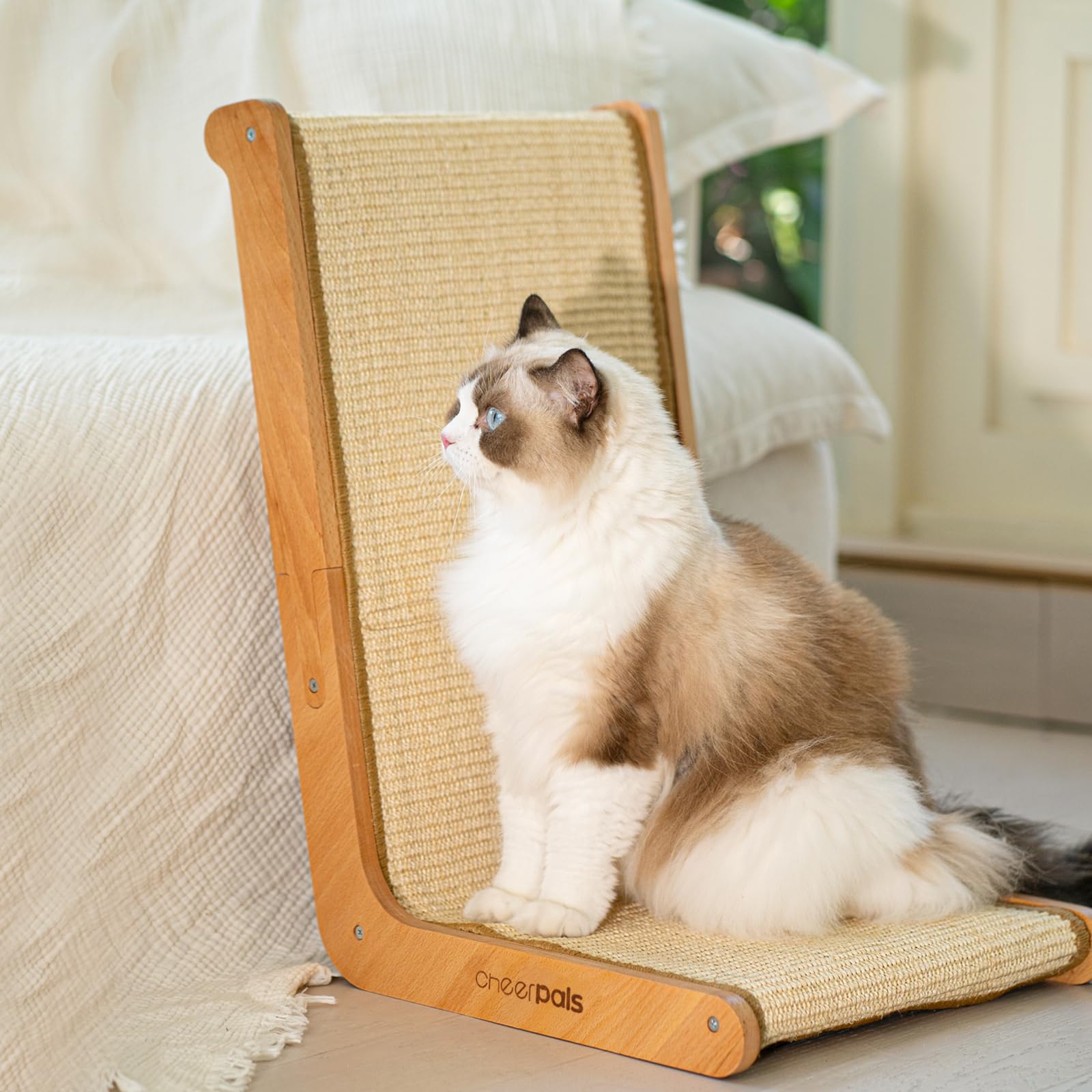 CheerPals Tiragraffi per gatti a forma di L, in legno di faggio massiccio, design a 105° | Tappetino tiragraffi in sisal naturale, grande 58 x 37 x 48 cm, mobili per animali domestici per tutti i gatti