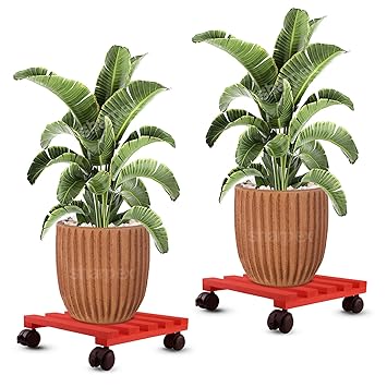 Sharpex Pack of 2 Wooden Trolley for Plants, Flower Pots | Heavy Duty Rolling Plant Stand with Locking Wheels | Squre Plant Roller Base for Indoor Patio Outdoor Potted Planter (Red)