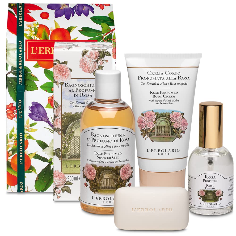 L'Erbolario - RÓŻOWE - Oryginalne pudełko upominkowe (żel pod prysznic 250 ml, krem do ciała 150 ml, perfumy 50 ml, mydło 100 gr) + w Mydło warzywne Florinda 50 gr