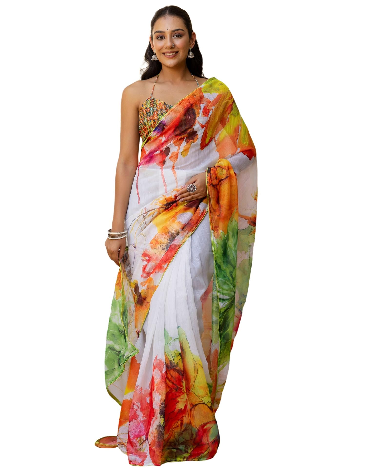 siril Women's Cotton Blend Floral Printed Ready to Wear One Minute Saree Saree with Unstitched Blouse Piece-picture-2