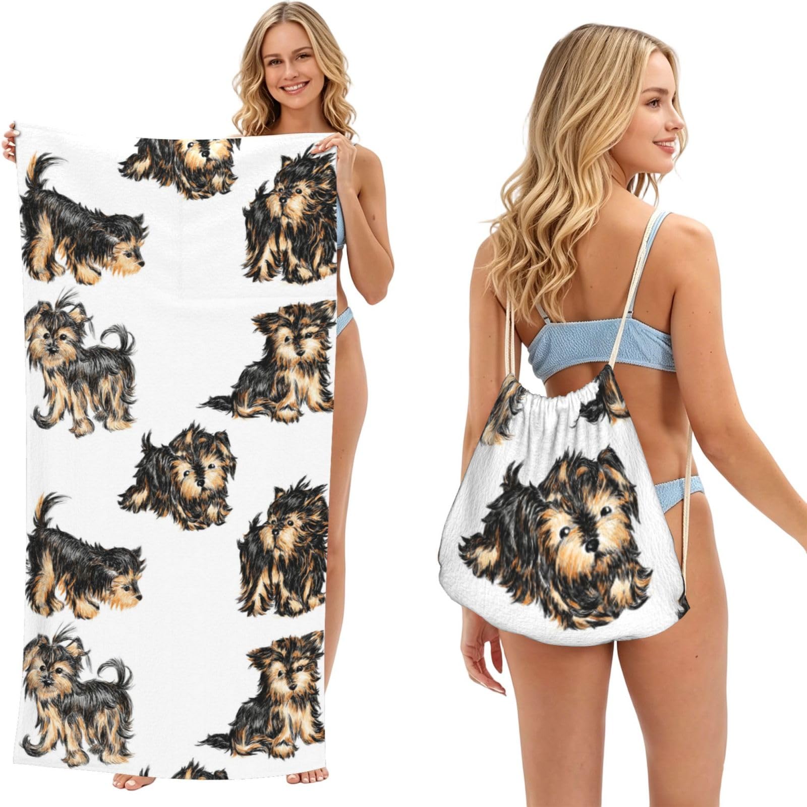Poadnly As Picture Yorkshire Terrier, 2 In 1 Packable Towel Bag, Beach Towels With Drawstring Backpack For Travel Holiday Camping