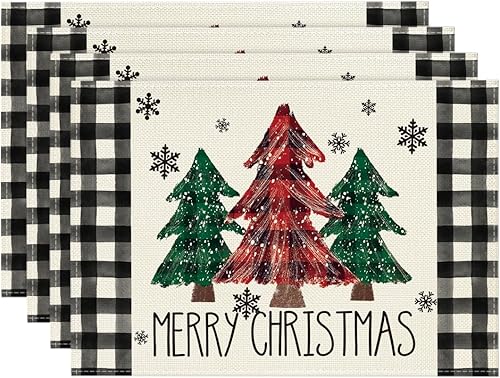 Artoid Mode Juego de 4 manteles individuales de Navidad con diseño de búfalo negro y rojo con diseño de pinos de Navidad de 12 x 18 pulgadas para disponible en Yaxa Peru