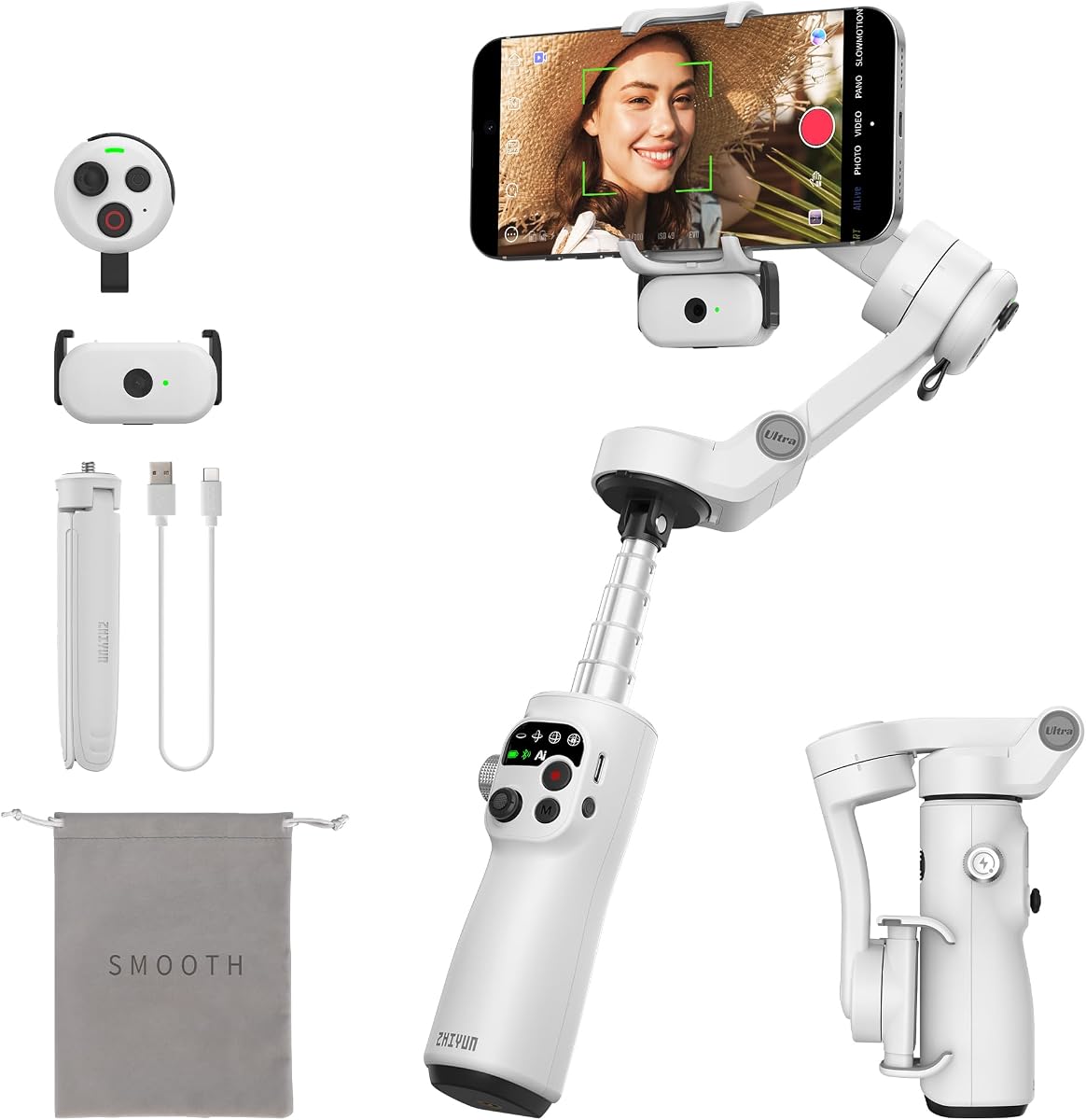 Smooth Q5 Ultra Combo [Oficial] Estabilizador de cardán para iPhone | Cardán de teléfono plegable portátil con Control remoto por voz desmontable, rastreador AI, varilla de extensión incorporada, luz de relleno, para Vlog