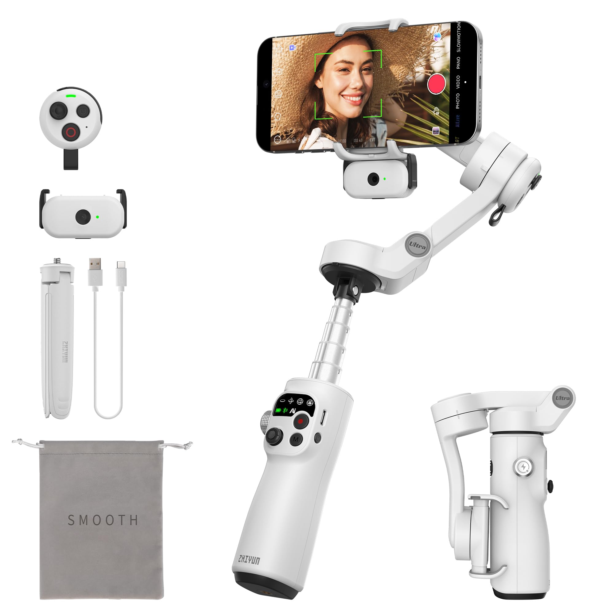 ZHIYUN Smooth Q5 Ultra Combo[Ufficiale]Stabilizzatore Smartphone, Tracciamento AI, Comando Vocale, Telecomando, Luce di Riempimento/Asta di Prolunga/Treppiede, Batteria da 13.5h, Gimbal per Telefono