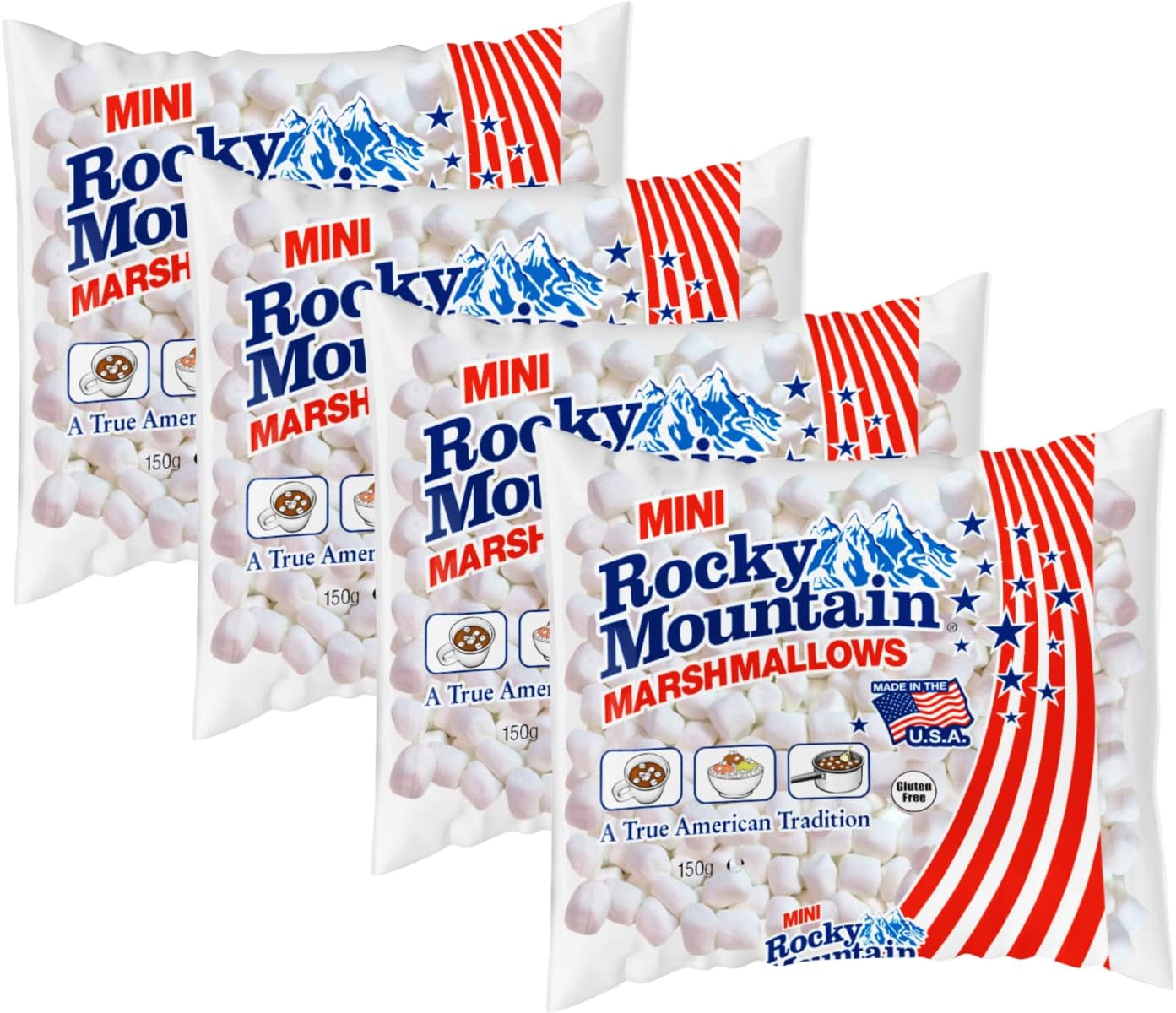 Rocky Mountain Mini Marshmallows | Fluffy, light texture with unique vanilla flavour | Perfect for your favourite recipe and hot chocolate | Pack of 4 x 150g