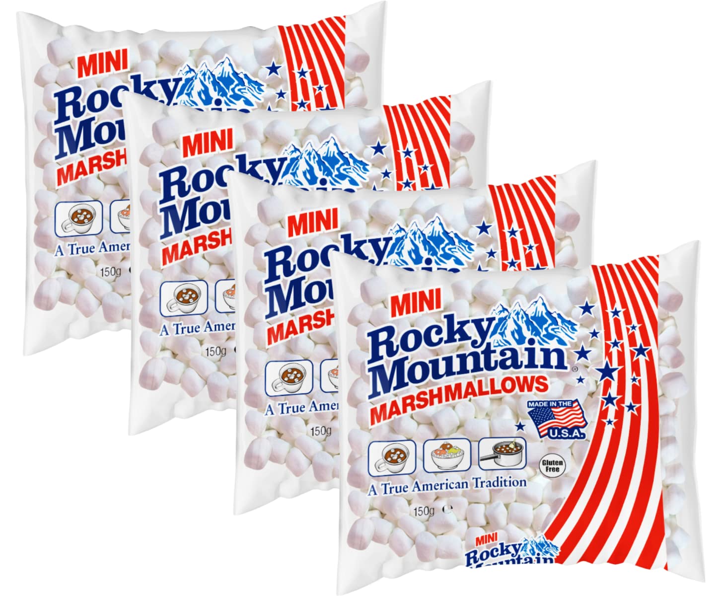 The Bramble BayRocky Mountain Mini Marshmallows | Fluffy, light texture with unique vanilla flavour | Perfect for your favourite recipe and hot chocolate | Pack of 4 x 150g