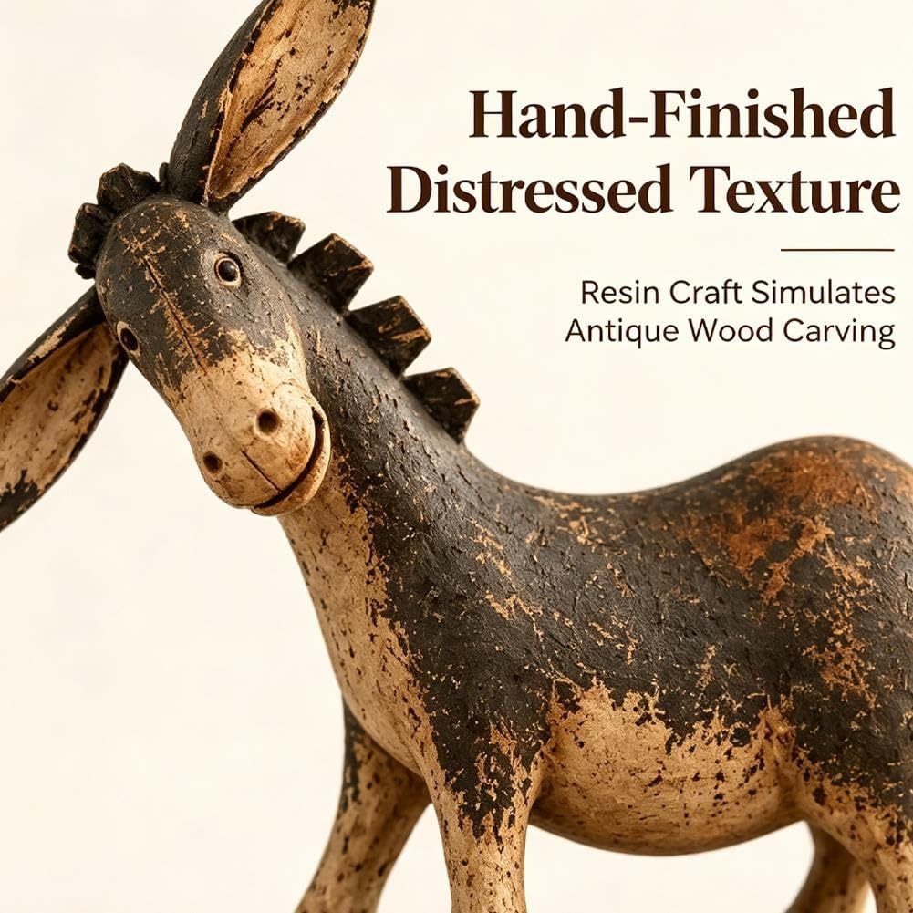 Rustic Donkey Figurine for Farmhouse Decor, Distressed Brown Western Statue