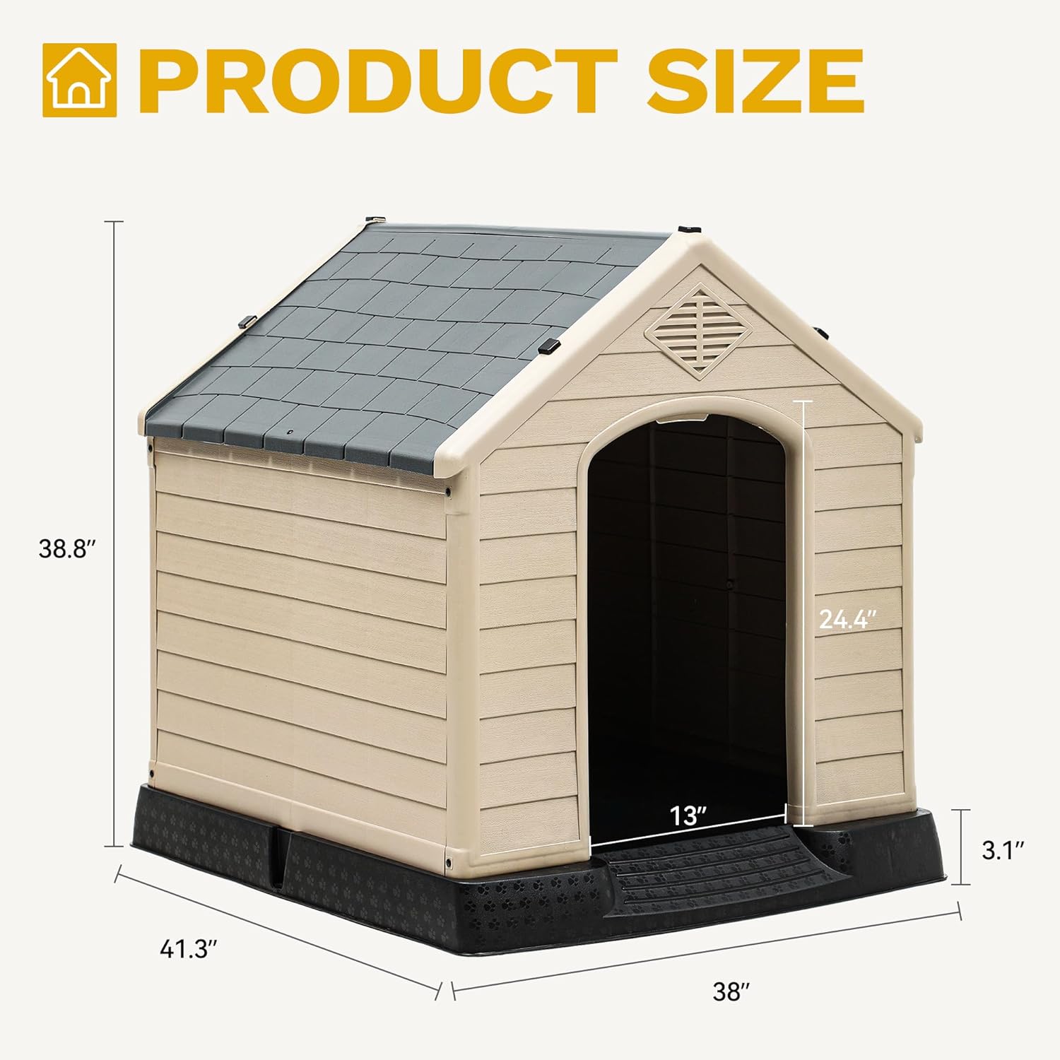 DWVO Large Plastic Dog House, Weatherproof Outdoor/Indoor Doghouse, 41.3''L*38''W*38.8''H, Gray