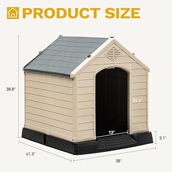 DWVO Plastic Dog House, Weatherproof Outdoor/Indoor Doghouse, Puppy Kennel with Air Vents and Elevated Floor