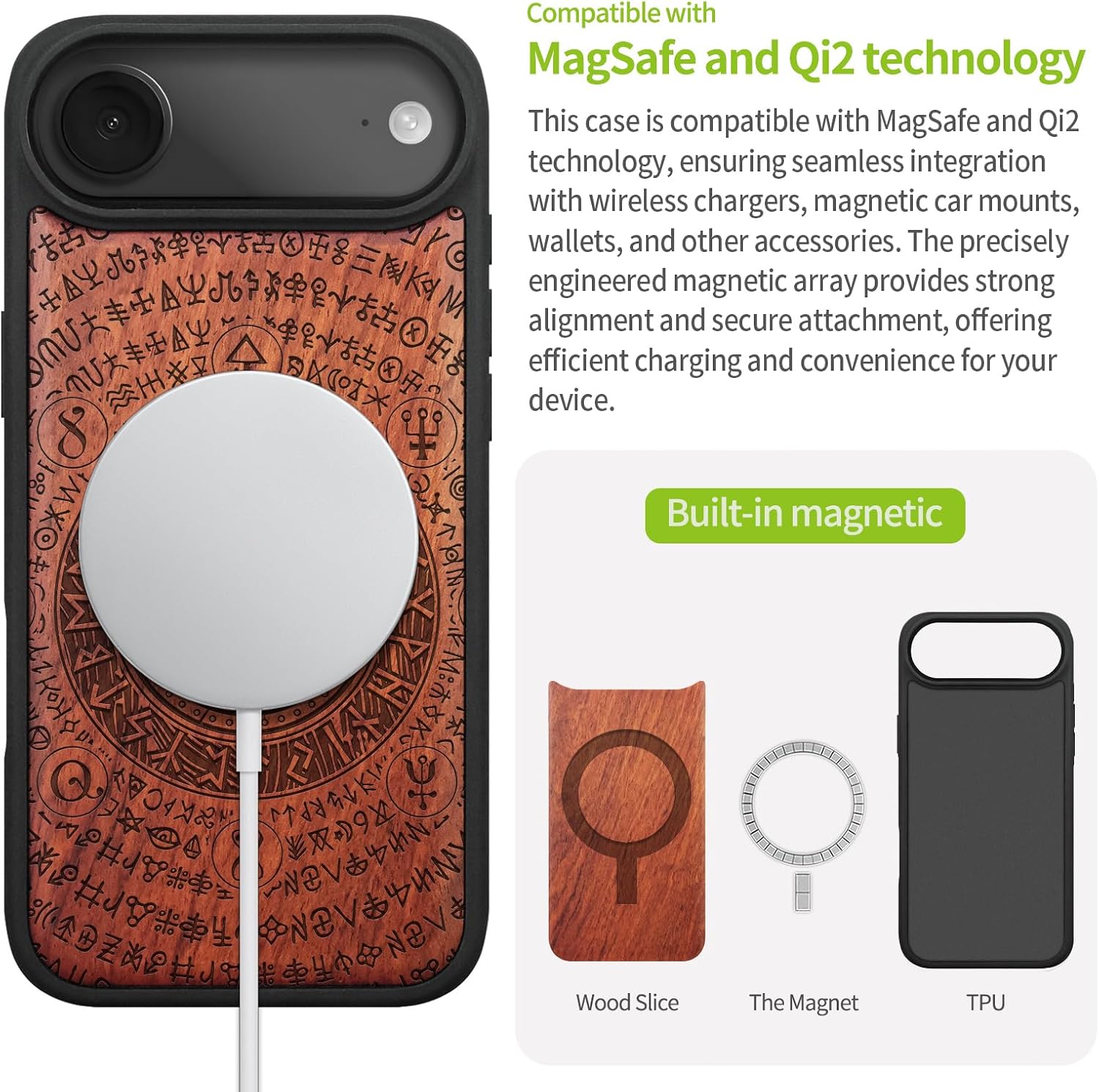 Carveit Magnetic Wooden Case for iPhone Air Case, Wood Artisan Engraved & Soft TPU Shockproof Cover, Compatible with MagSafe 17 Air Wireless Chargers (Ancient Wisdom in Viking Design) Rosy