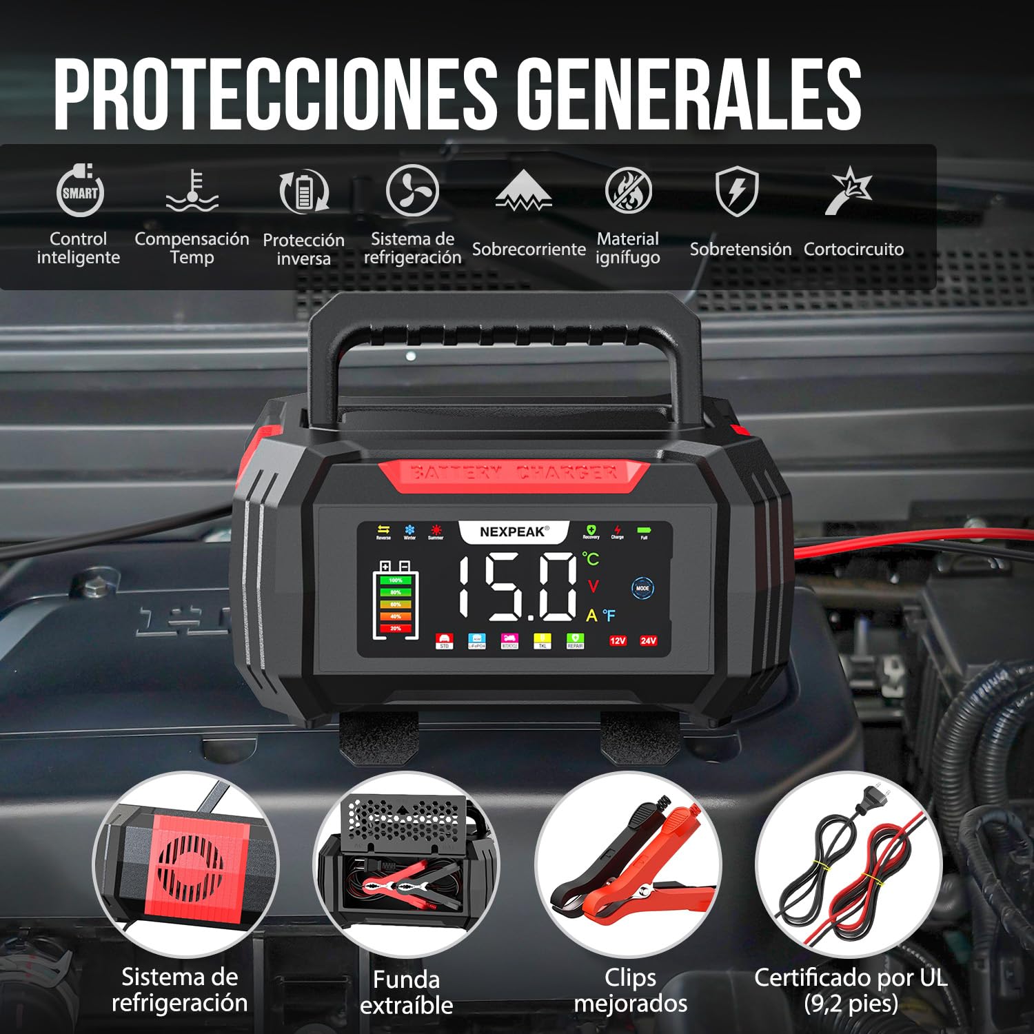 15A Cargador de Batería de Coche, NEXPEAK NC315 12V 24V LiFePO4 Cargador de Batería de Coche Portátil 9-Etapas Batería Inteligente para Coche, Camión, Moto, Cortacésped, Barco, Marina