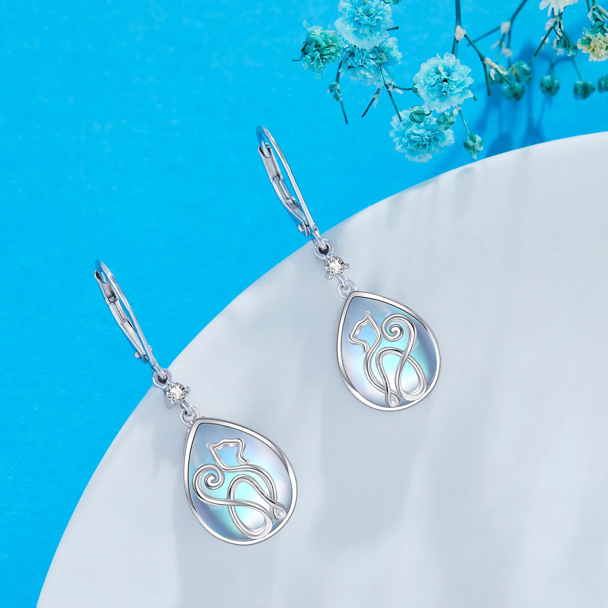 Sterling Silber Katze Mondstein Ohrringe - Schmuck Geschenke für Frauen und Mädchen Katzenliebhaber
