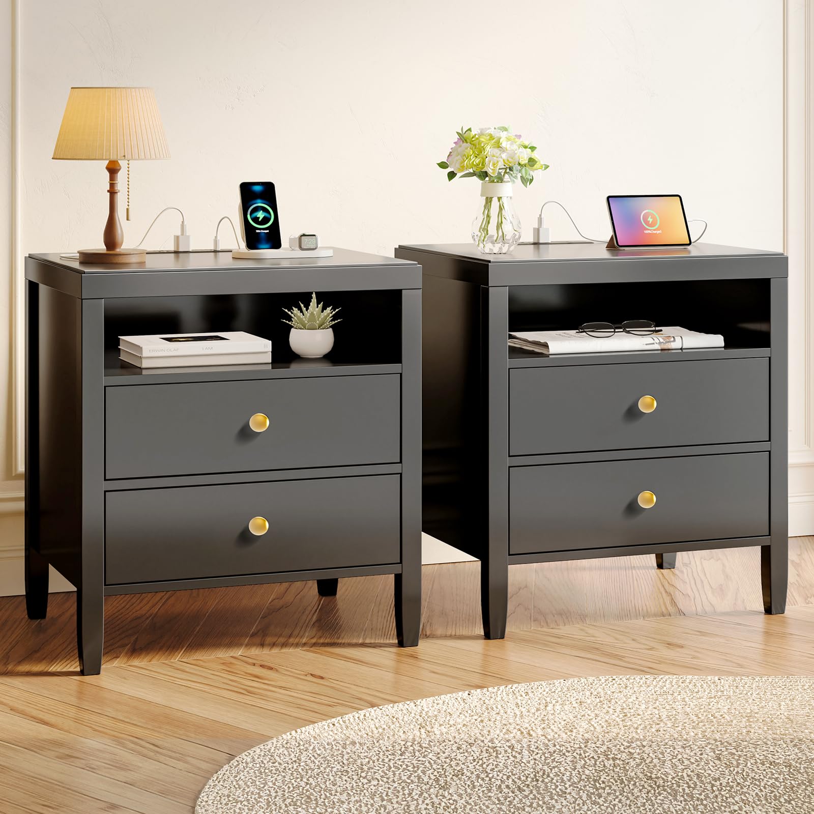 huuger black nightstand set of 2 night stand with charger station bedside table with 2 drawers bed side tables for bedroom modern nightstands metal knobs painted surface