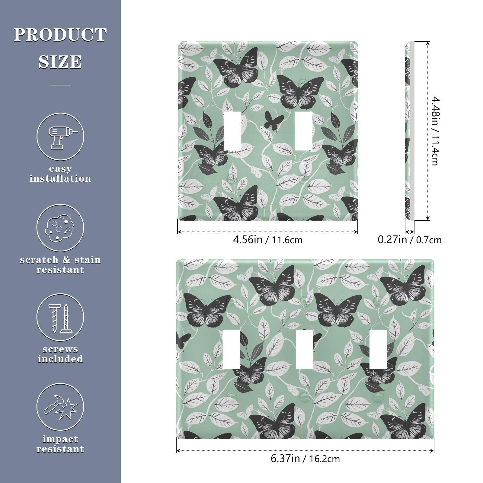 Light Switch Cover Black Butterfly Green Wall Plates for Electrical Outlets 3 Gang 202b5418