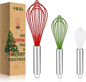 Christmas Whisk Set – 3 Sizes (12”, 10”, 8”) – Holiday Red, Green & White Stainless Steel Whisks for Baking, Cooking & Mixing, Christmas Gift for Bakers & Home Chefs