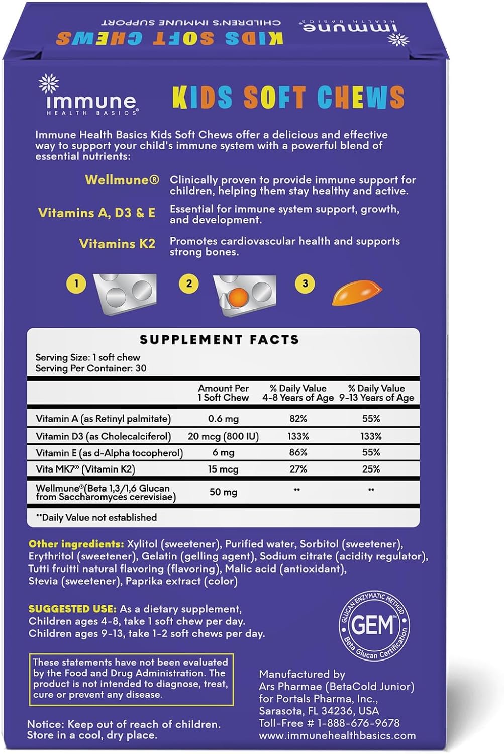 Kids Soft Chews with Wellmune® | Natural Beta Glucan Supplement for Immune Support & Daily Wellness | Allergen-Free & No Added Sugar | Tutti-Frutti Flavor, 30 Soft Chews - Image 2