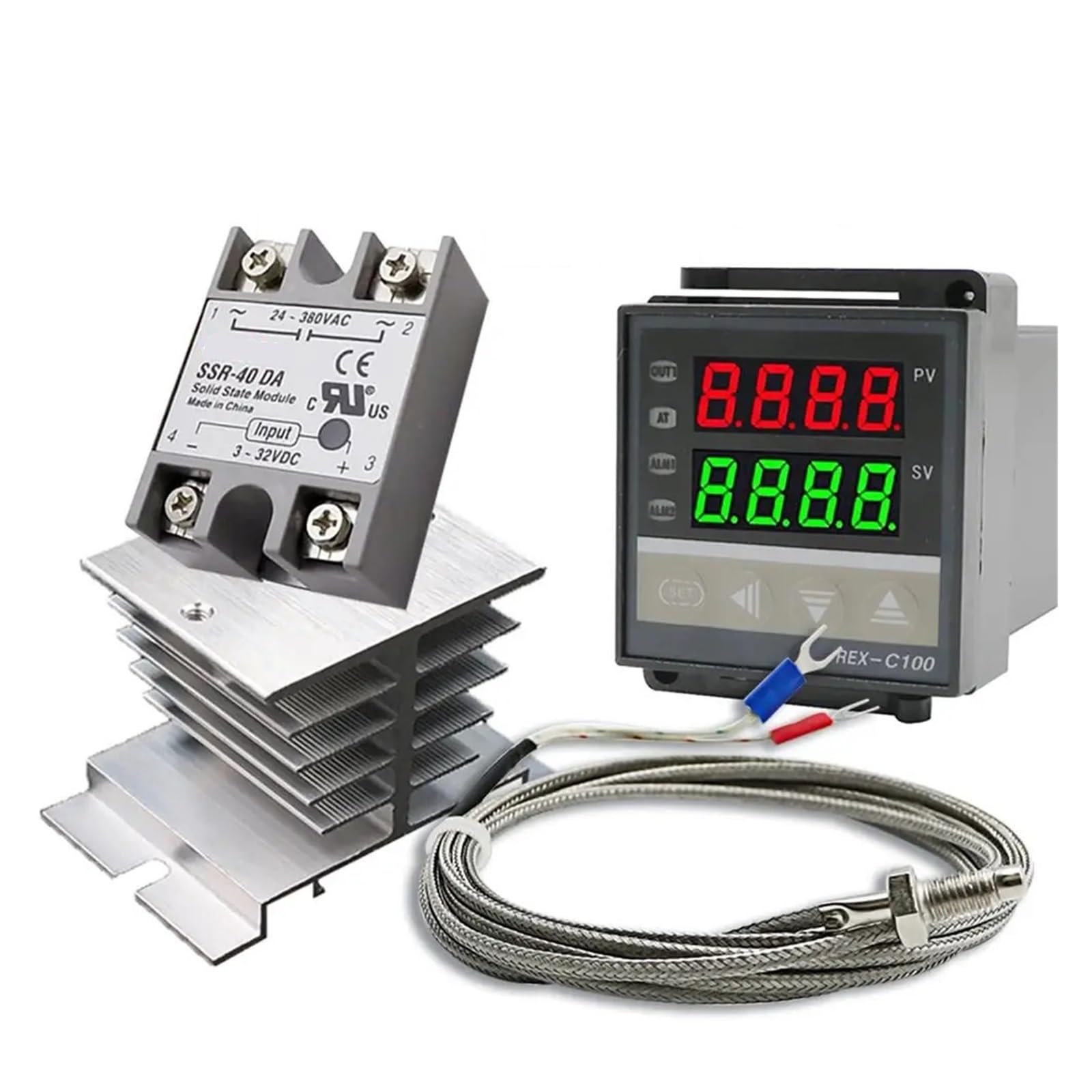 Controlador de Temperatura Controlador de Temperatura PID Digital, termostato REX-C100 + relé SSR SSR-40DA de 40 A máx. + termopar K, sonda M6 de 1 M con disipador de Calor.(40DA Heat Sink)