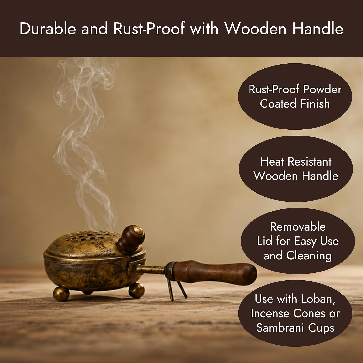 ServDharm Incense Holder Metal Gold Finish (3.3” Diameter) | Incense Burner with Wooden Handle | Loban Dhoop Holder for Home Decor, Puja, Meditation, Yoga, Spa and Gifting