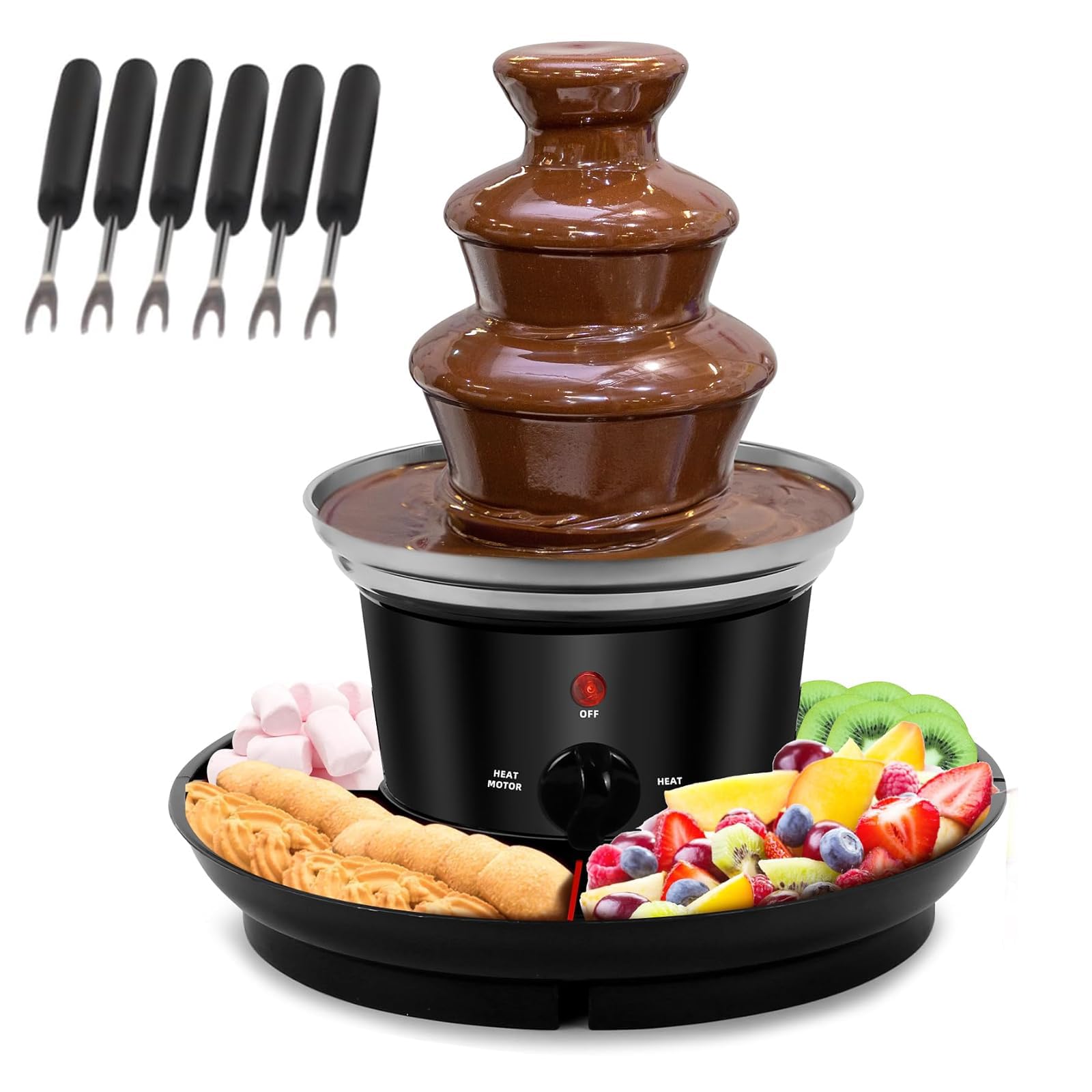 Fontana elettrica di cioccolato a 3 piani, fonduta di cioccolato in acciaio inox con funzione di fusione con vassoio snack e 6 forchette fonduta di cioccolato