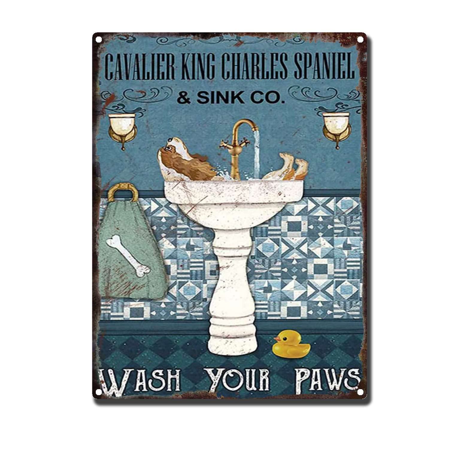 HYCLAM Vintagemetal Sign Cavalier King Charles Spaniel and Sink Co Restoring The Toilet Bathroom Art Ancient Ways Wall Decor Wall Hanging 12x16inch-Tin Sign