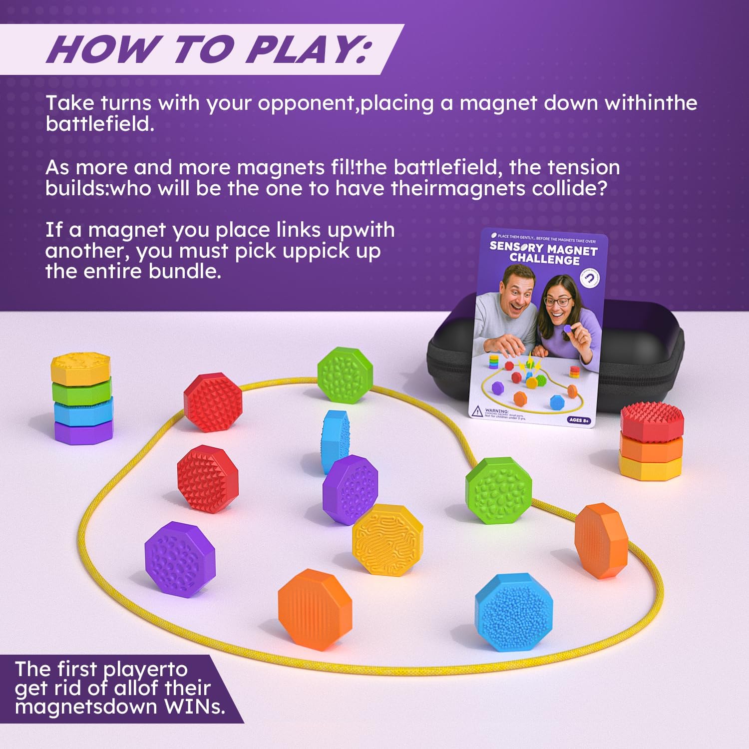 Magnetic Chess Game with Stones Magnet Game with String - 18 Silicone-Covered Magnets Fidget Toy Textured Sensory Rock Toys Strategy Game for Stress Relief, ADHD, Travel Family Toys for Kids & Adults