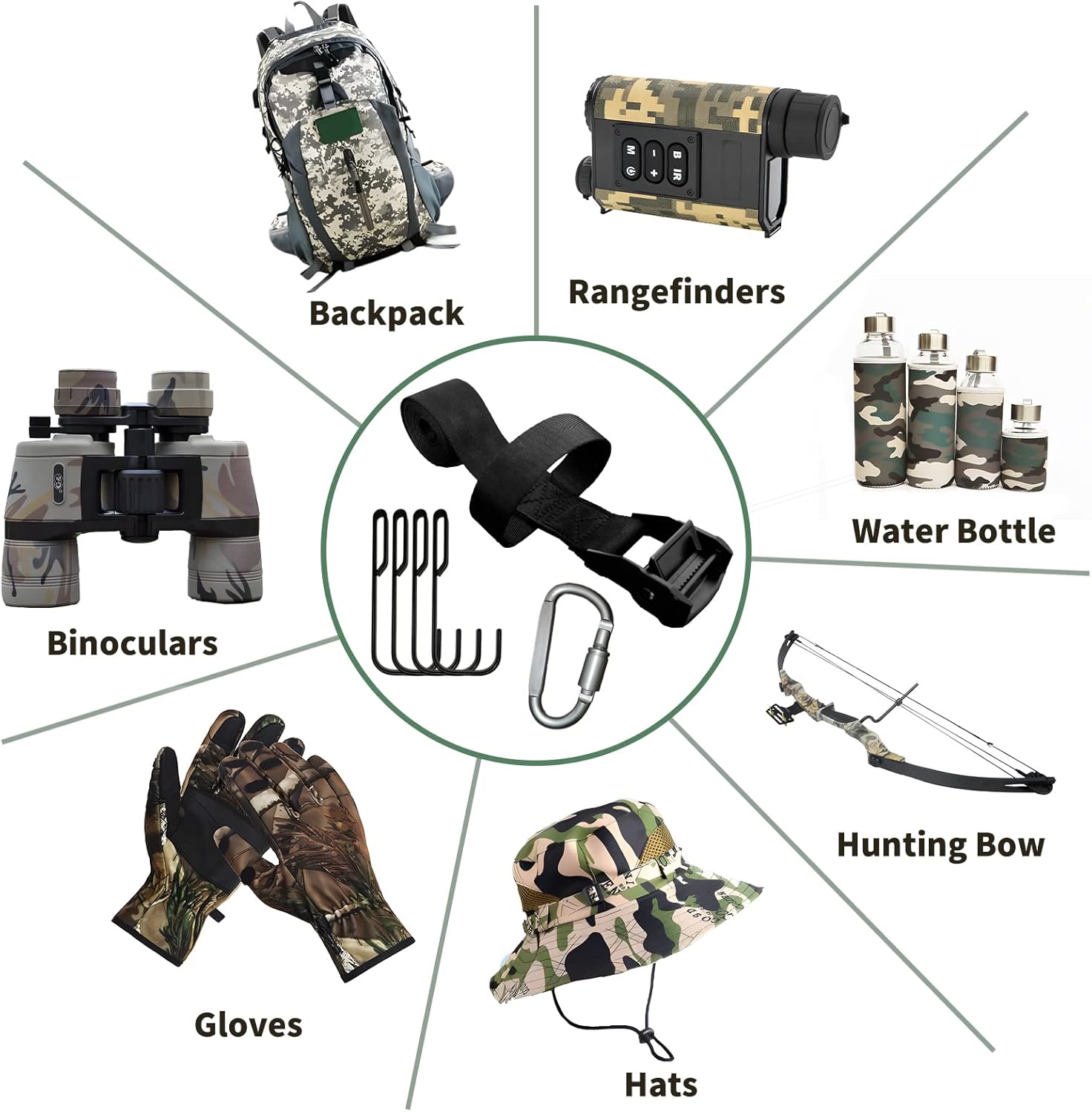 Bow Hanger Tree Strap with 1 Carabiner and 4 Metal Hooks，Adjustable Tree Strap Gear Hanger Hunting，Tree Stand Gear Hanger for Bow, Quiver and Tree Saddle Platform Accessories