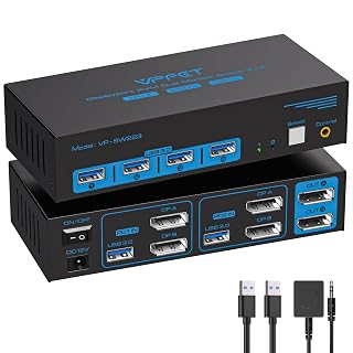 8K Displayport KVM Switch 2 Monitors 2 Computers Display Port 4K@120Hz USB3.0 Dual Monitor KVM Switches for 2 PC Share 2 Screens and 1 Set of Keyboard Mouse Printer and U Disk with 2 USB Cables - Amazon product rated Grade A