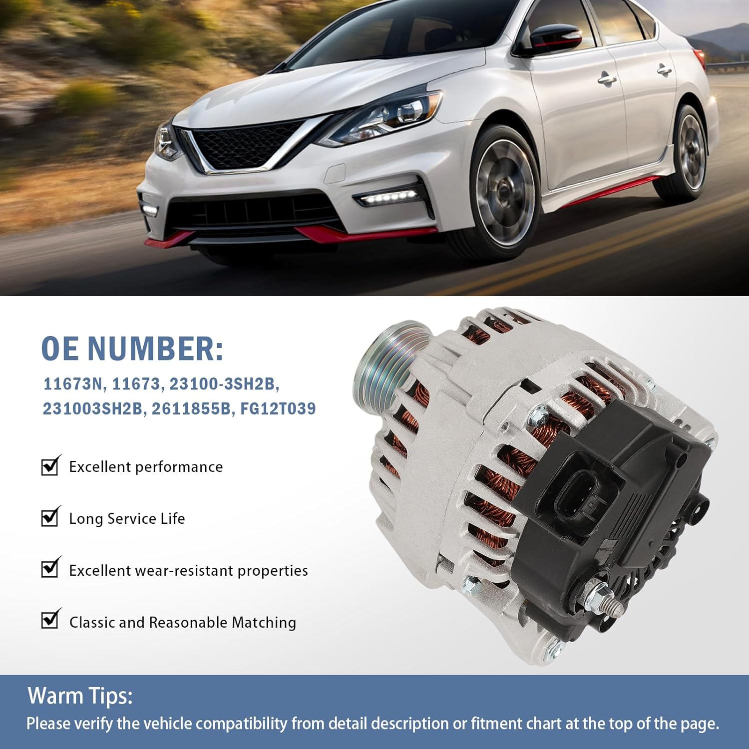 11673N Alternator Fit for Sentra 2013-2019 1.8L, 12V 110A 6-Groove Clutch Pulley Clockwise, Replace 23100-3SH2B, 231003SH2B, 2611855B, FG12T039